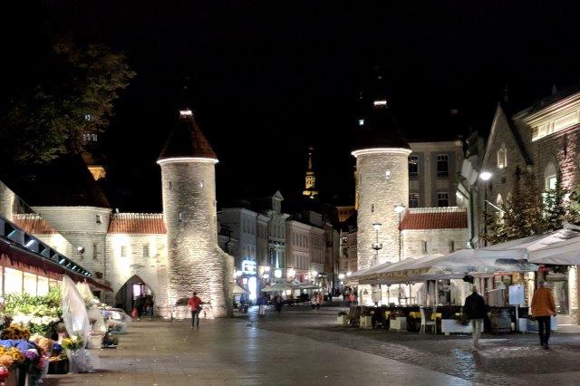 Tallinn city gate at night with lights